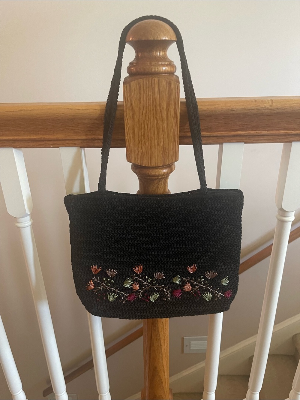 Black Handwoven Shoulder Bag with Floral Embroidery